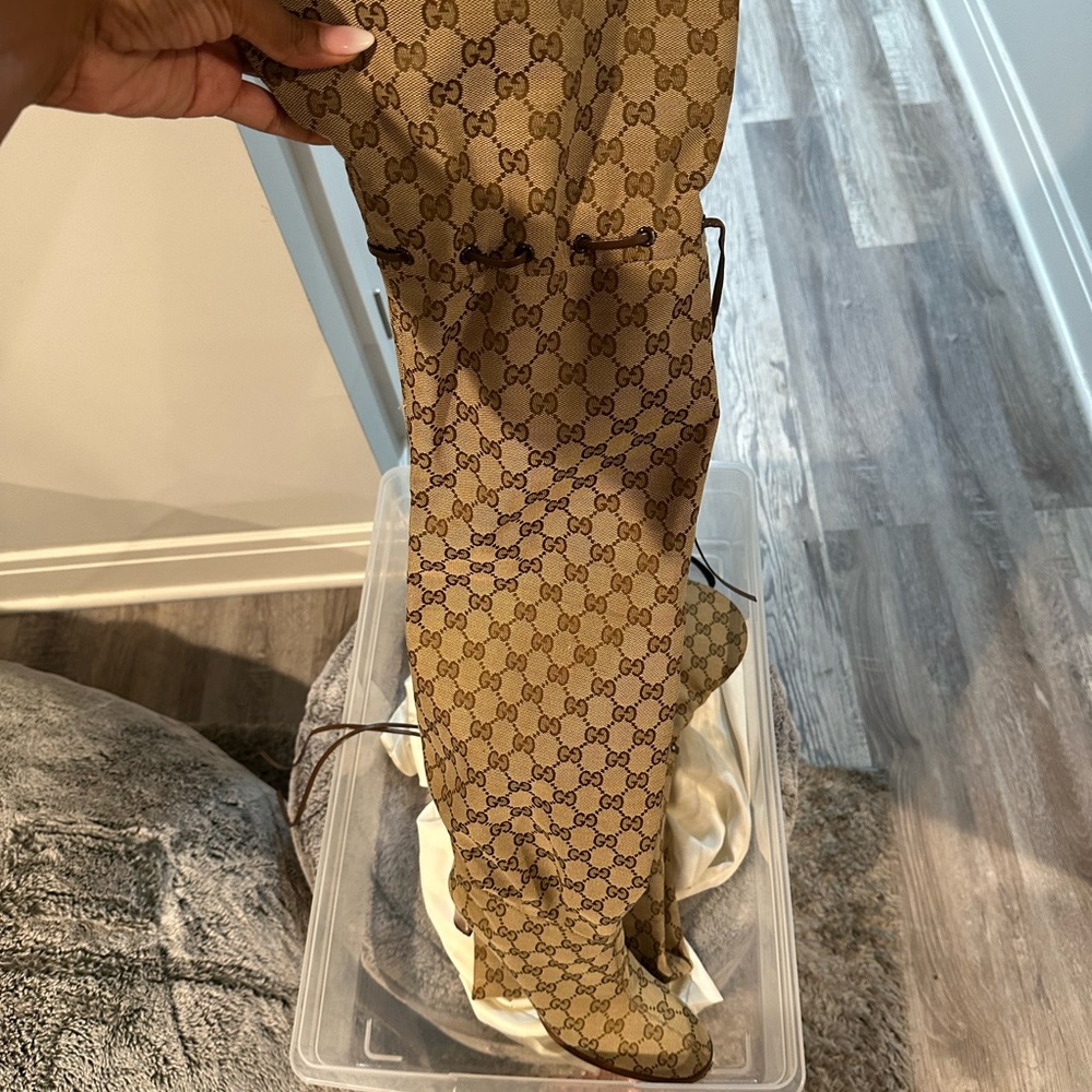 Gucci Tan Monogram Knee-High Boots